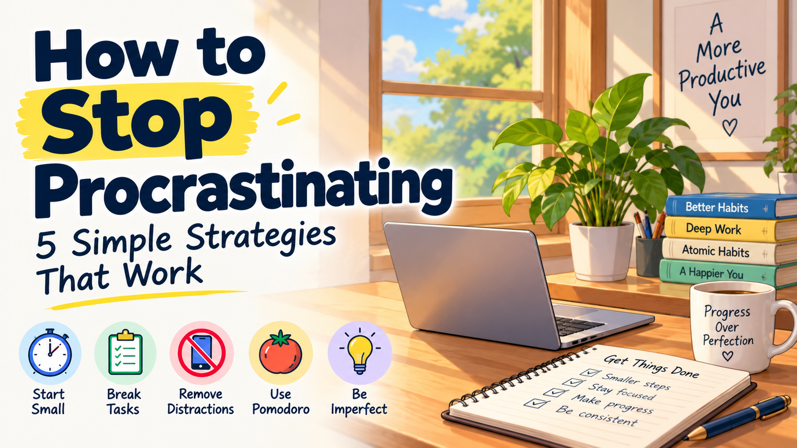 Illustrated workspace with five strategies to stop procrastinating, including starting small, breaking tasks down, removing distractions, using Pomodoro and overcoming perfectionism.