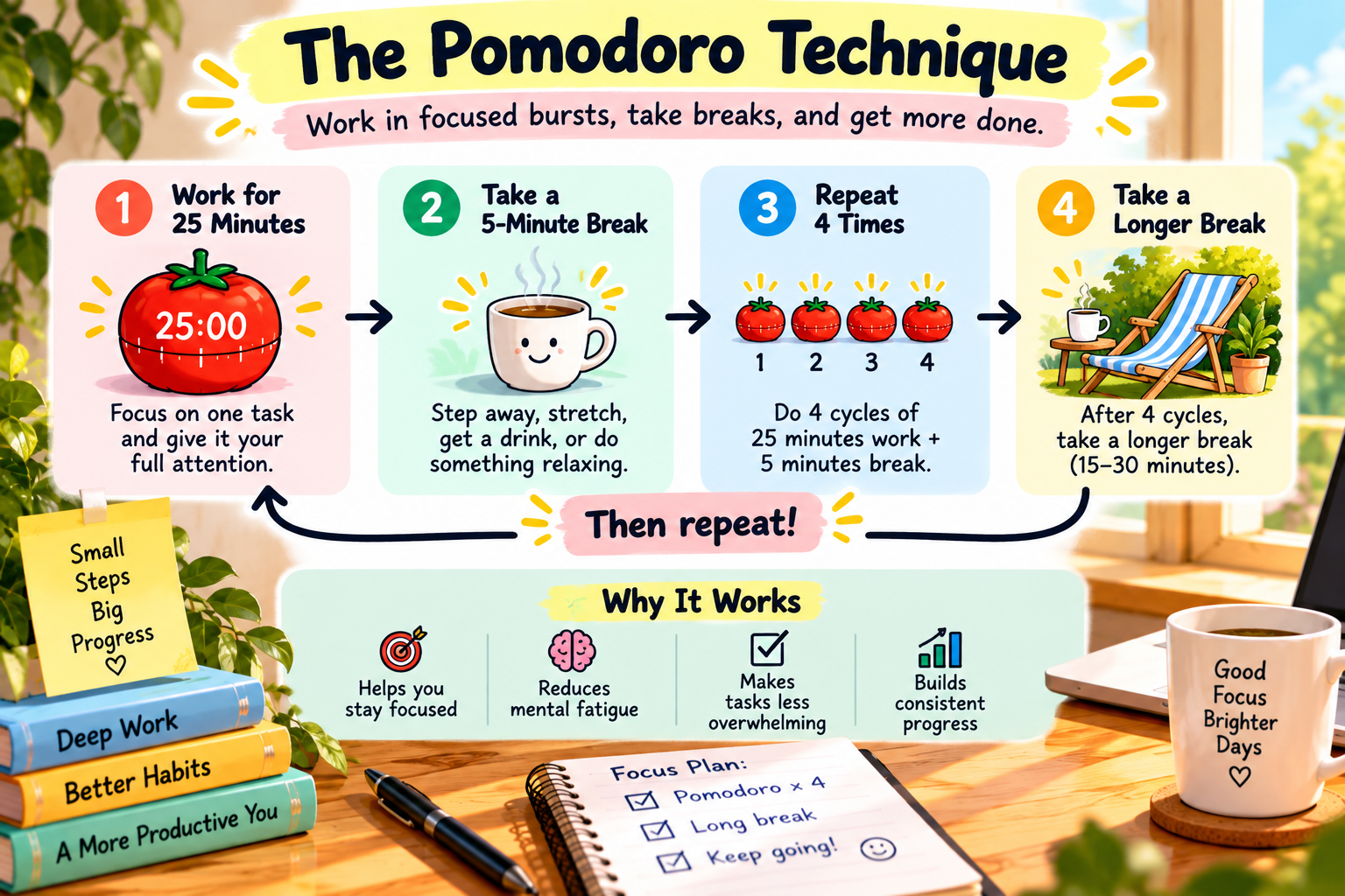 Pomodoro Technique cycle diagram showing 25 minutes of focused work, a 5-minute break, repeating four cycles, and then taking a longer 15–30 minute break.